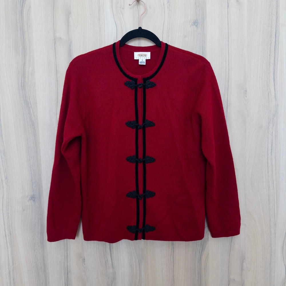 Vintage Talbots Women Merino Wool Cardigan S Red Frog Closure Velvet Trim Retro